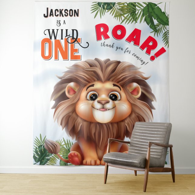 Lion Safari Wild One Kids Birthday Backdrop (In Situ)