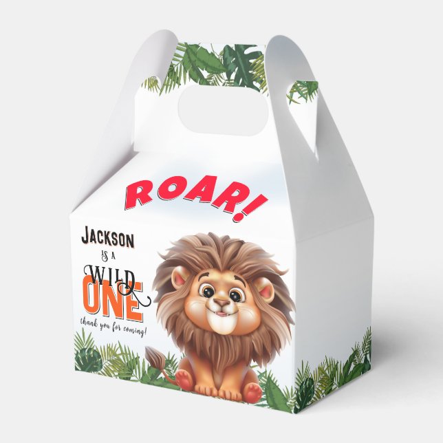 Lion Safari Wild One Kids Birthday Favor Box (Front Side)