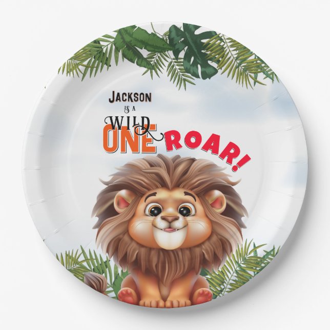 Lion Safari Wild One Kids Birthday Paper Plates (Front)