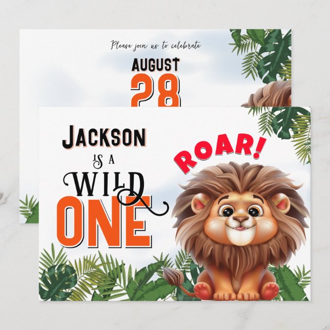 Lion Safari Wild One Kids Birthday Party Invitation (Front/Back)