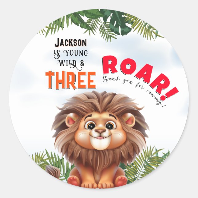 Lion Safari Wild & Three Kids Birthday Classic Round Sticker (Front)