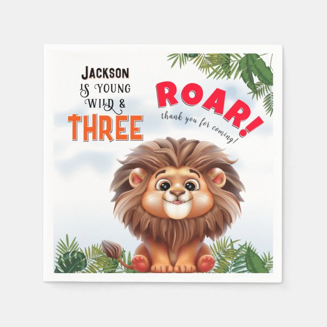 Lion Safari Wild & Three Kids Birthday Napkins (Front)