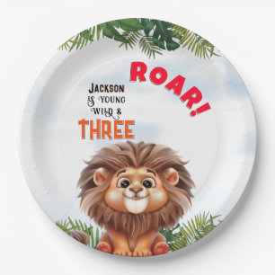Lion Safari Wild & Three Kids Birthday Paper Plates