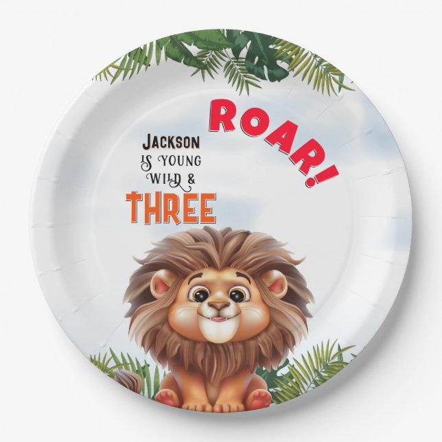 Lion Safari Wild & Three Kids Birthday Paper Plates (Front)