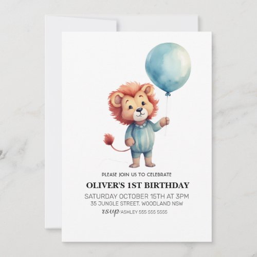 Lion Sage Blue Balloon Boys 1st Birthday Party Invitation