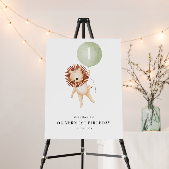 Lion Sage Green Balloon 1st Birthday Party Welcome Foam Board (In Situ (Stand))