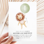 Lion Sage Green Balloon Boys 1st Birthday Party  Invitation<br><div class="desc">A cute lion and sage green balloon boy's 1st Birthday invitation -  The perfect theme for your little boys first birthday party. Number on balloon can be edited to suit a 2nd birthday or any age!</div>