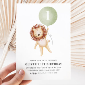 Lion Sage Green Balloon Boys 1st Birthday Party  Invitation