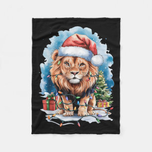 Lion Santa Hat Christmas Lights Watercolor Winter Fleece Blanket
