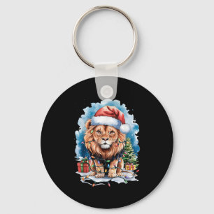 Lion Santa Hat Christmas Lights Watercolor Winter Keychain