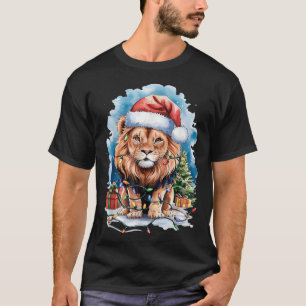 Lion Santa Hat Christmas Lights Watercolor Winter  T-Shirt