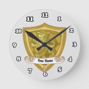 Lion Shield Family Crest Surname Round Clock