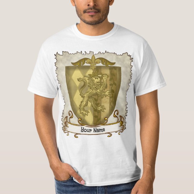 Lion Shield Family Crest Surname T-Shirt (Front)