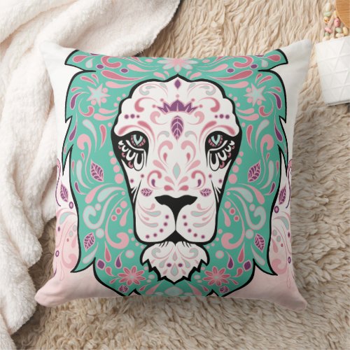 Lion Skull and Pink Purple Blue Mint Pillow