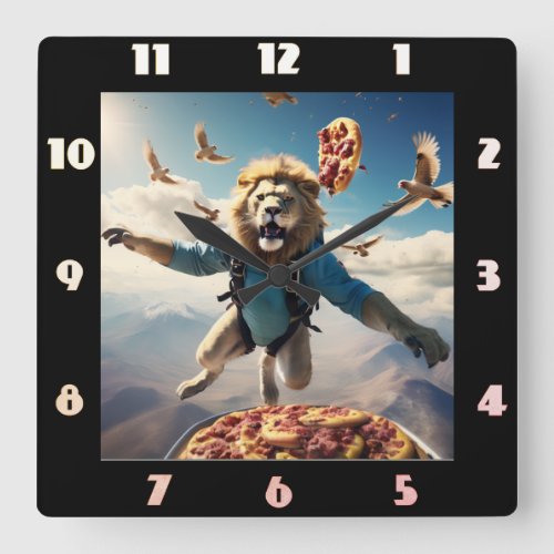 lion skydiving with birds and pizza square wall clock