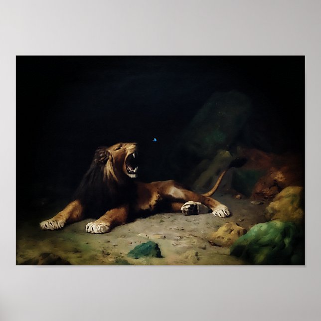 Lion Snapping at a Butterfly Poster (Front)