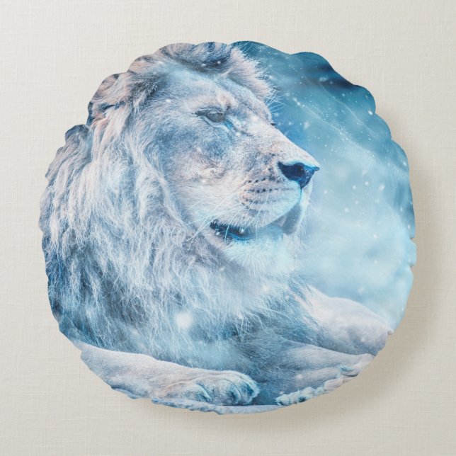 Lion snow lying down art animal round pillow (Front)