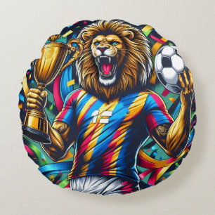 Lion Soccer Champion Trophy Football Victory Round Pillow