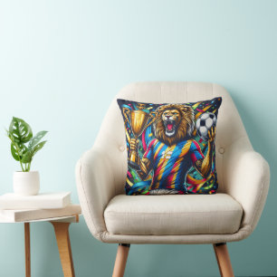 Lion Soccer Champion Trophy Football Victory Throw Pillow