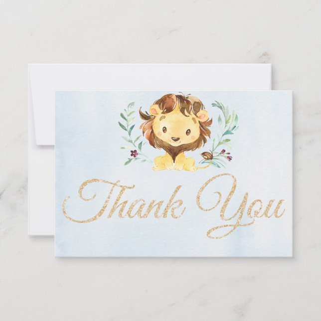 Lion Soft Watercolor Blue Thank You Card (Front)