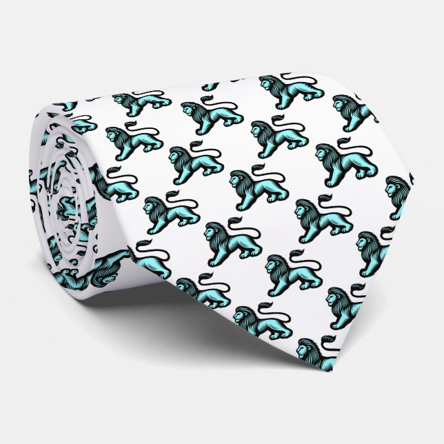 Lion Statant - Black with Ice Blue on White Neck Tie (Rolled)