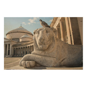 Lion statue in front of historic church wood wall art