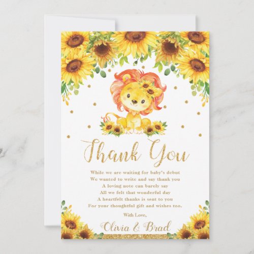 Lion Sunflower Baby Shower Birthday Thank You Card