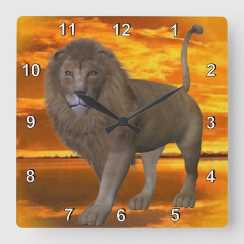 Lion Sunset Square Wall Clock