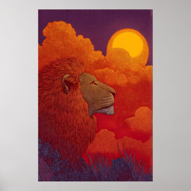 Lion Sunset Wall Art Fiery Mane, Circular Sun (Front)