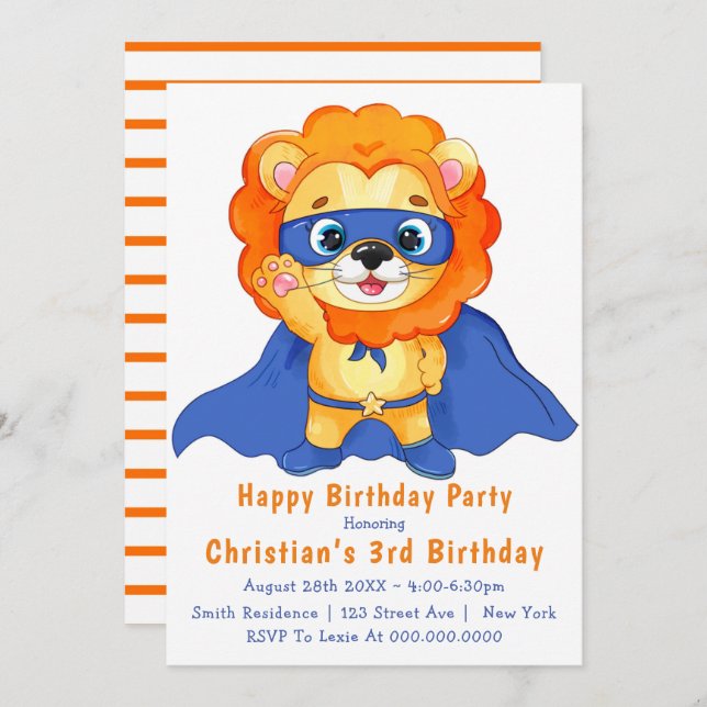 Lion Superhero 3rd Birthday Invitations  (Front/Back)