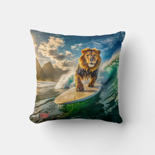 Lion Surfing Design by Rich AMeN Gill Throw Pillow