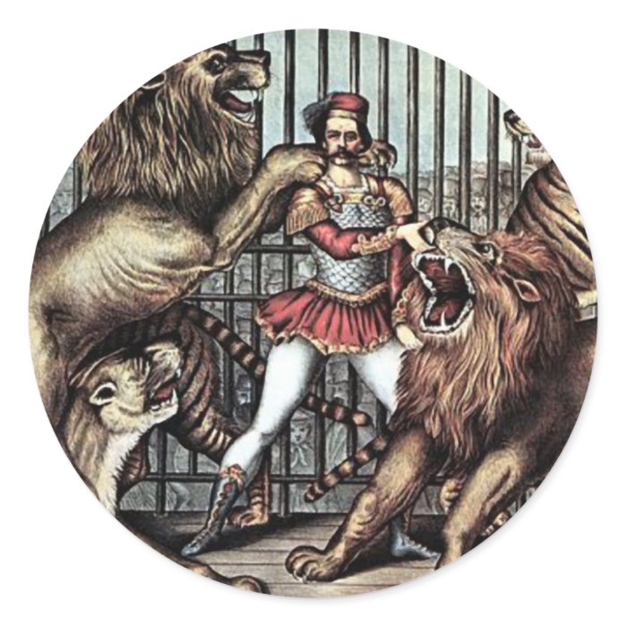 Lion Tamer In Cage With Lions Circus Poster Round Sticker