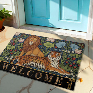 Lion & Tiger Art, Majestic Jungle, Lotus, Flowers Doormat