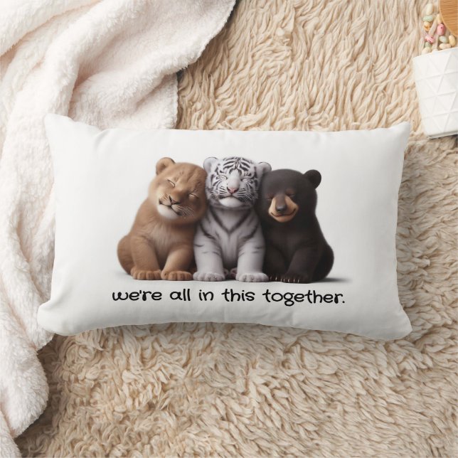 Lion, Tiger, & Bear Cubs Cuddling Best Friends Lumbar Pillow (Blanket)