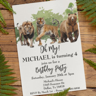 Lion Tiger Bear Oh My Jungle Theme Watercolor Invitation