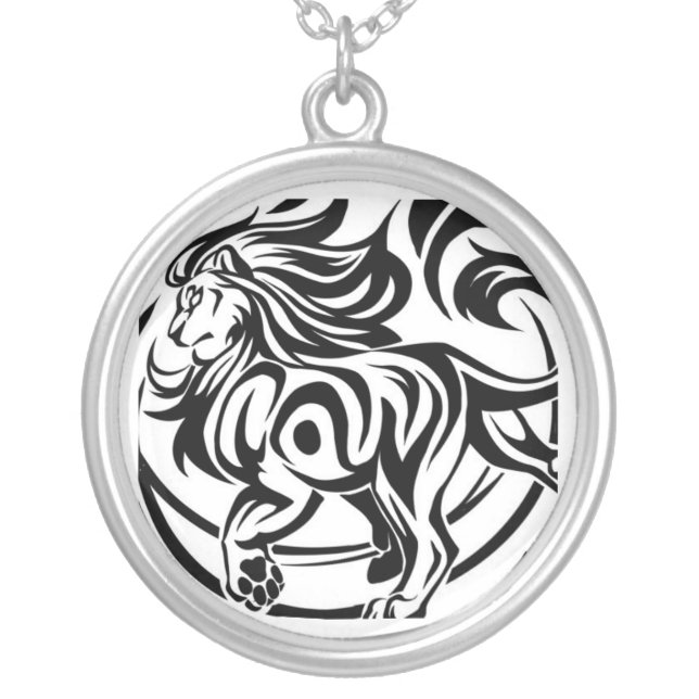 Lion tribal tattoo silver plated necklace (Front)