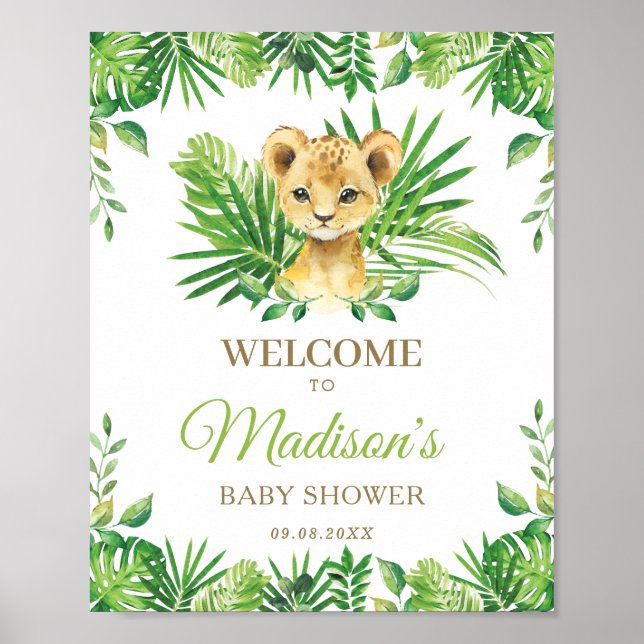 Lion Tropical Greenery Baby Shower Welcome Sign (Front)