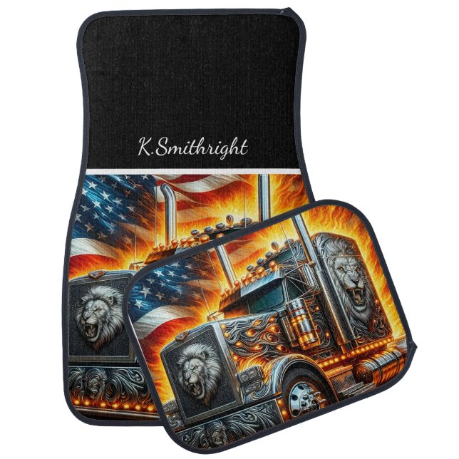 Lion Truck American Flag Fire Car Floor Mat (Set)