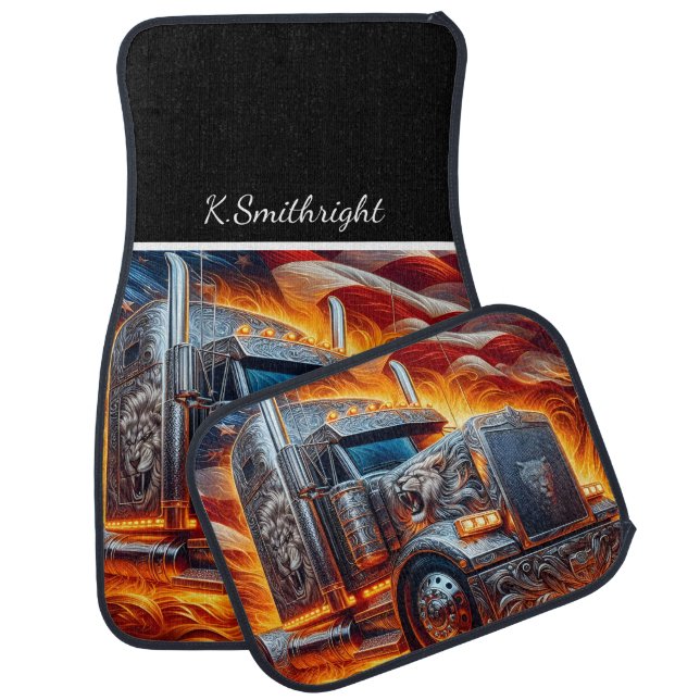 Lion Truck American Flag Power Car Floor Mat (Set)