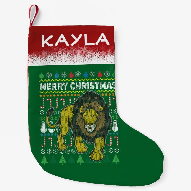 Lion Ugly Christmas Sweater Small Christmas Stocking (Front)