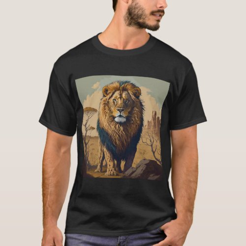 Lion vector with castle and nature background T_Shirt