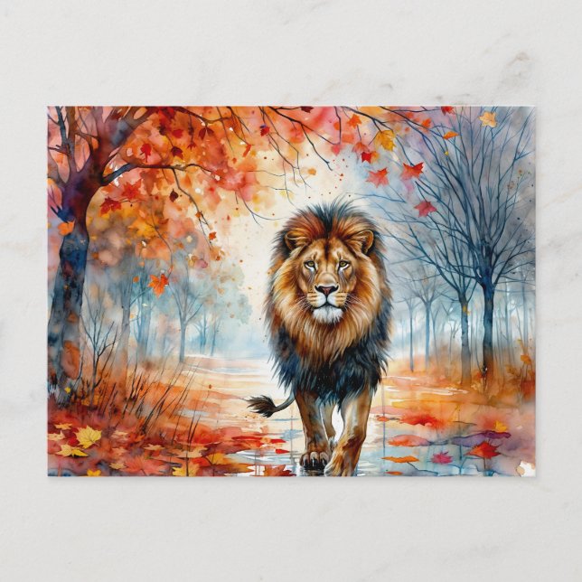 Lion Walking In Autumn Watercolor Postcard (Front)