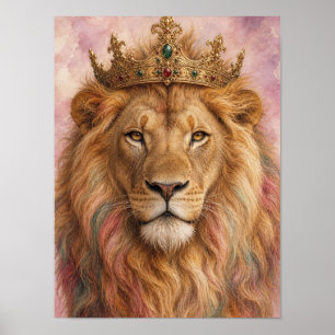 Lion Wall Art — Regal King Portrait with Gold Crow