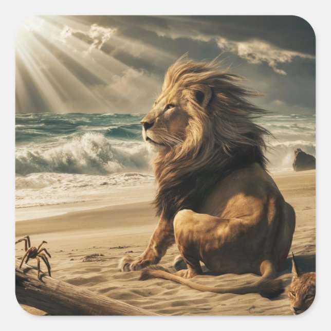 Lion watching waves on beach square sticker (Front)