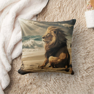Lion watching waves on beach throw pillow