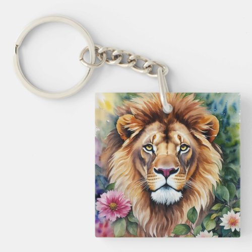 Lion Watercolor Floral Art Keychain