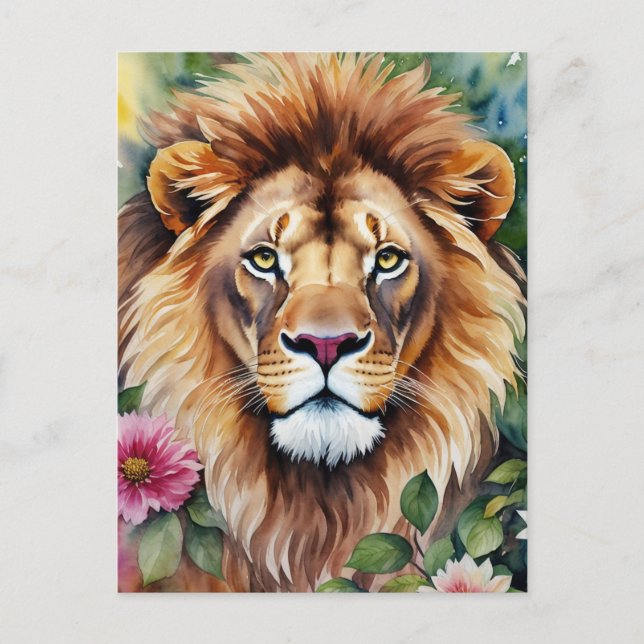 Lion Watercolor Floral Art Postcard (Front)