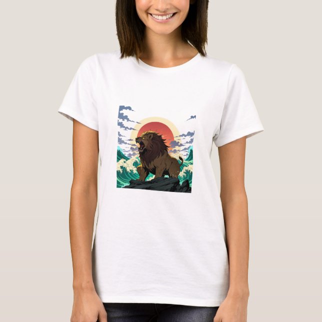 Lion Wave Art - Ukiyo-e Sunset Design T-Shirt (Front)
