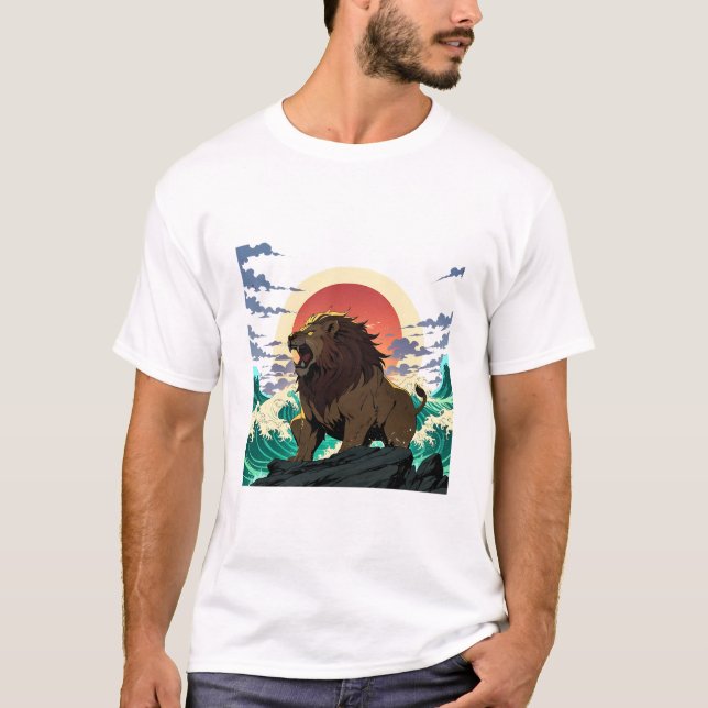 Lion Wave Art - Ukiyo-e Sunset Design T-Shirt (Front)