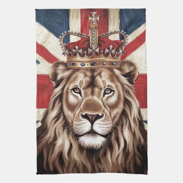 Lion Wearing a Crown British Flag Kitchen Towel (Vertical)
